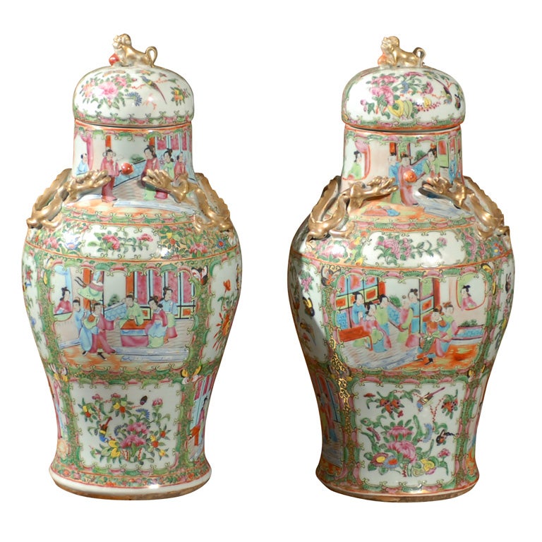 Pair of Rose Medallion Vases For Sale