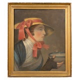 Mid 19th Century English Portrait  of Girl in Straw Hat