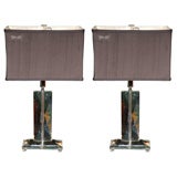 Pair of Glass lamps with Black Silk Shades