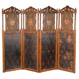 C. 1910 Hand Carved 4 Panel French Screen with Cane 
Leather