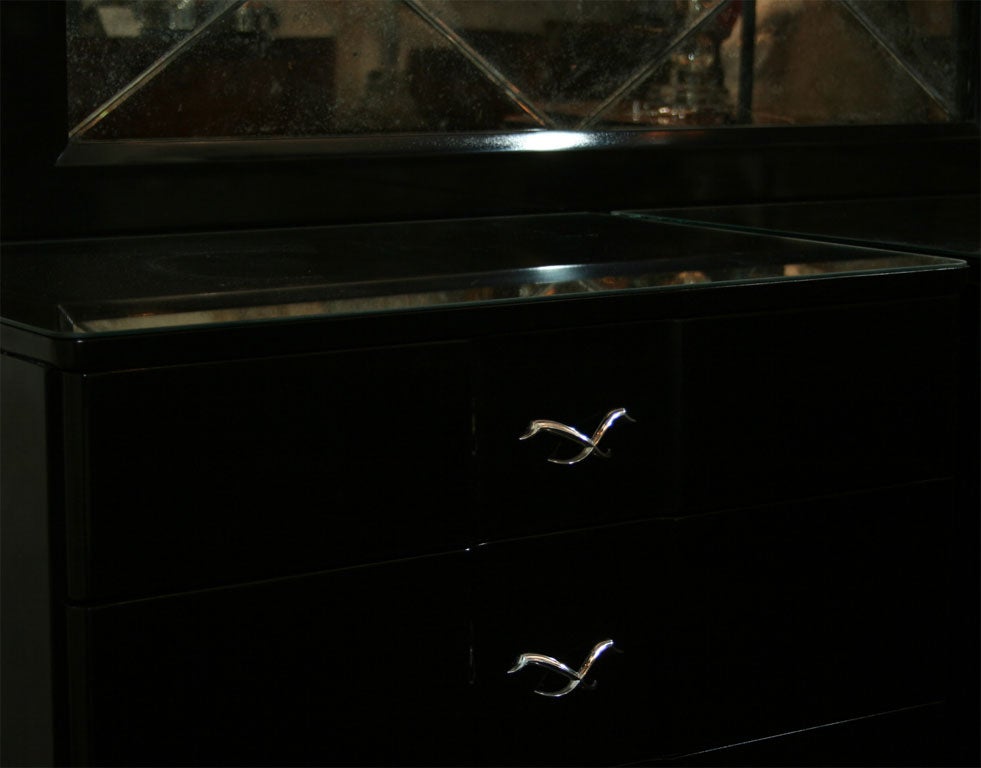 Pair of 1940's Hollywood Commodes (Black Lacquer & Mirror)