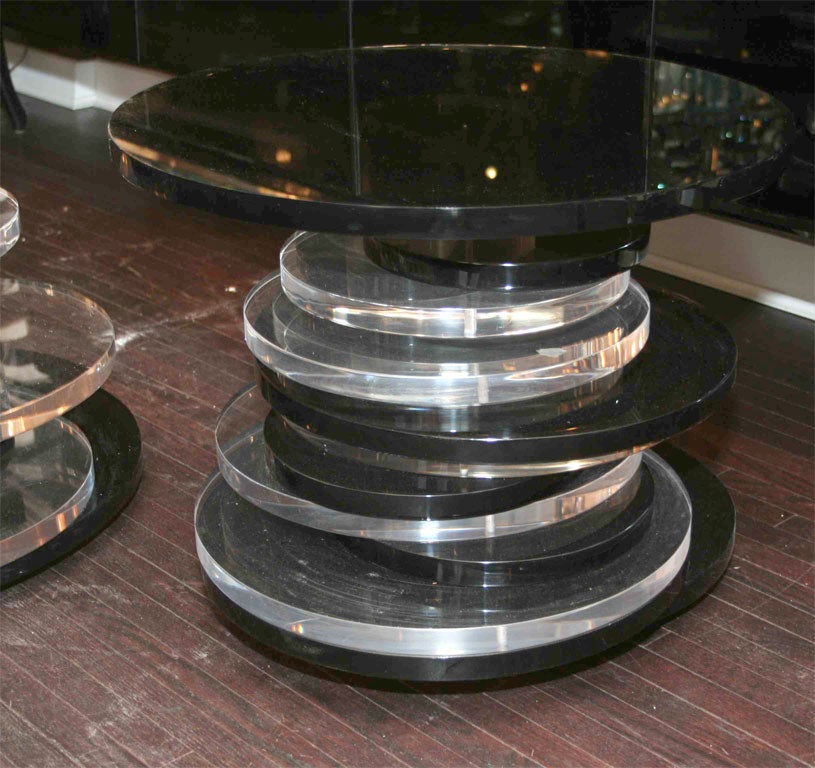 Pair of Round Smoke and Clear Lucite Swivel End Tables
