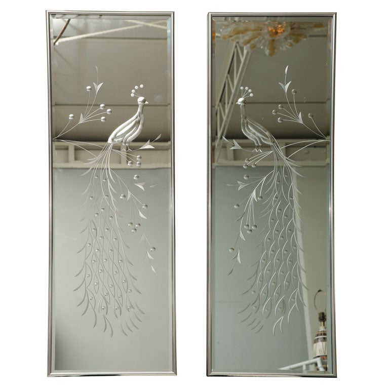 Pair Of 50 S Peacock Etched Mirrors At 1stdibs