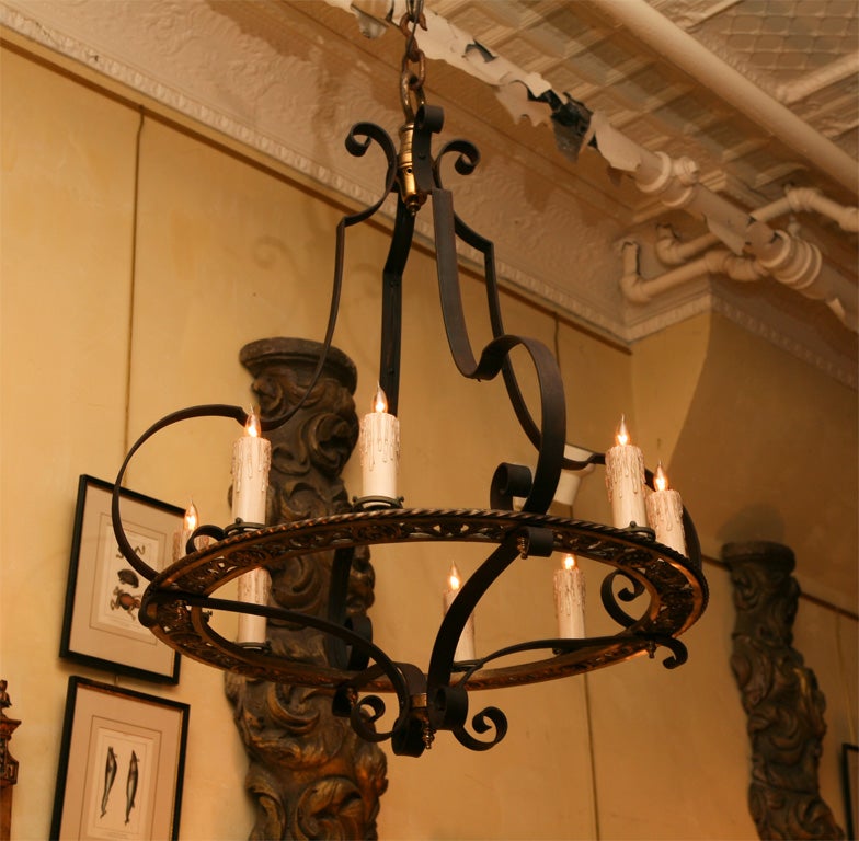 Large Wrought Iron and Cast Brass Chandalier