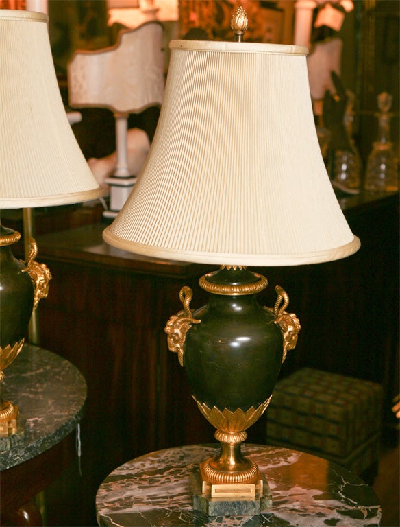 19th Century Pair of French Patinated and Gilded  Bronze Urn Lamps