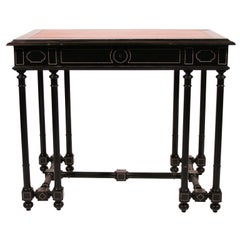 Exquisite Louis XIII Style Ebony Table Desk with Cognac Leather