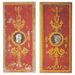 A Pair of Decorative Red and Yellow Painted Canvas Panels