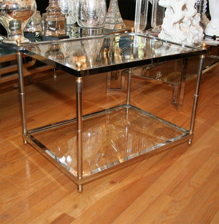 Pair of rectangular two tier nickel and brass side tables