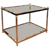 Pair of rectangular two tier nickel and brass side tables