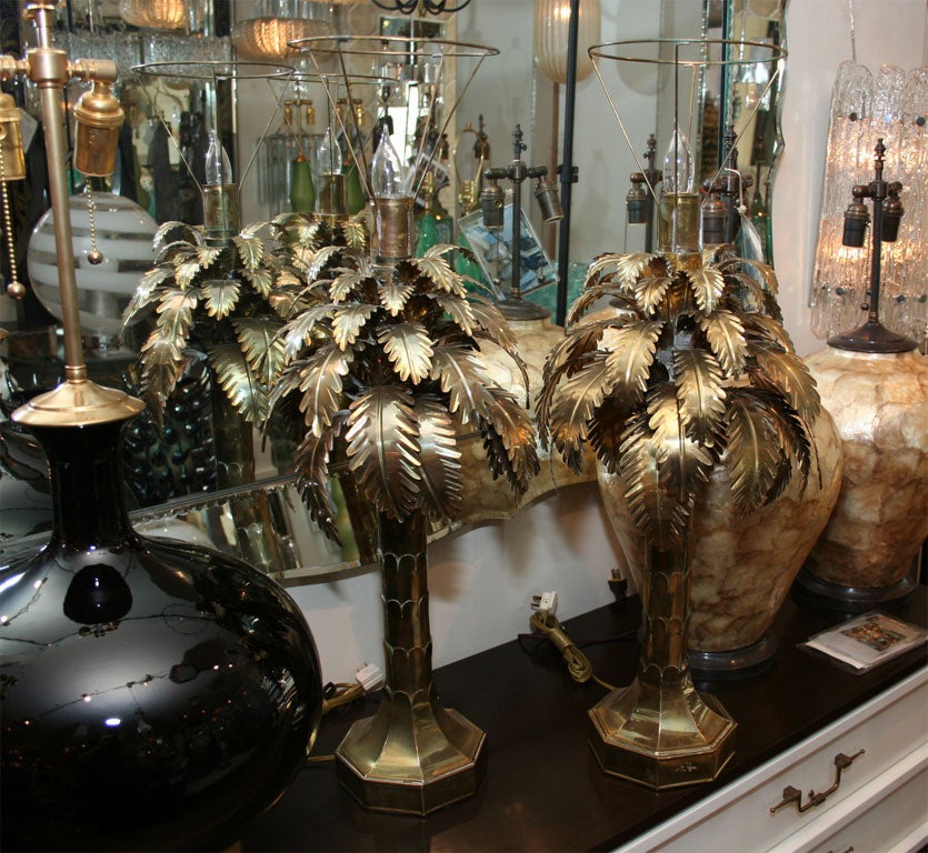 Pair of brass palm tree lamps