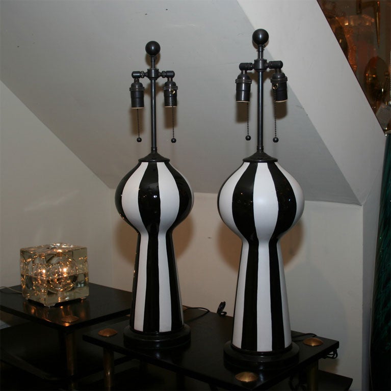 Pair of ceramic table lamps with vertical black and white stripes