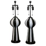 Pair of ceramic table lamps with vertical black and white stripes