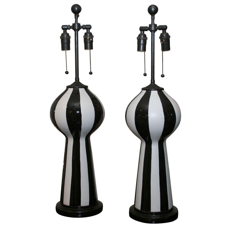 Pair of ceramic table lamps with vertical black and white stripes