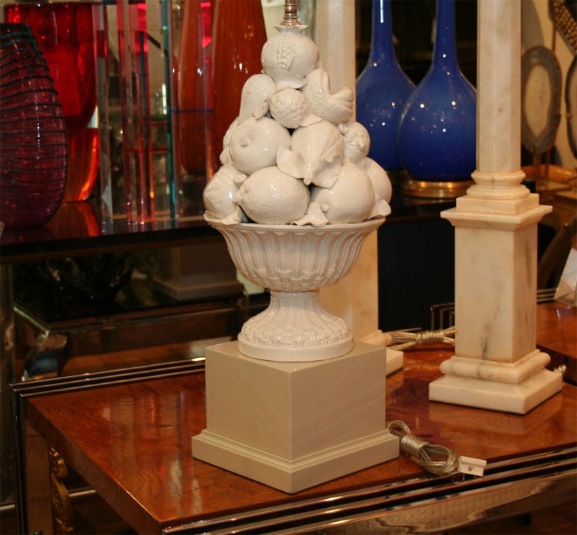 Italian Pair of white glaze ceramic fruit bowl lamps