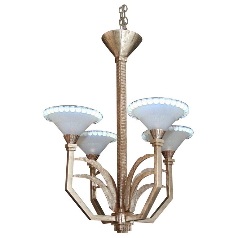 Art Deco iron chandelier with opalescent bobeches