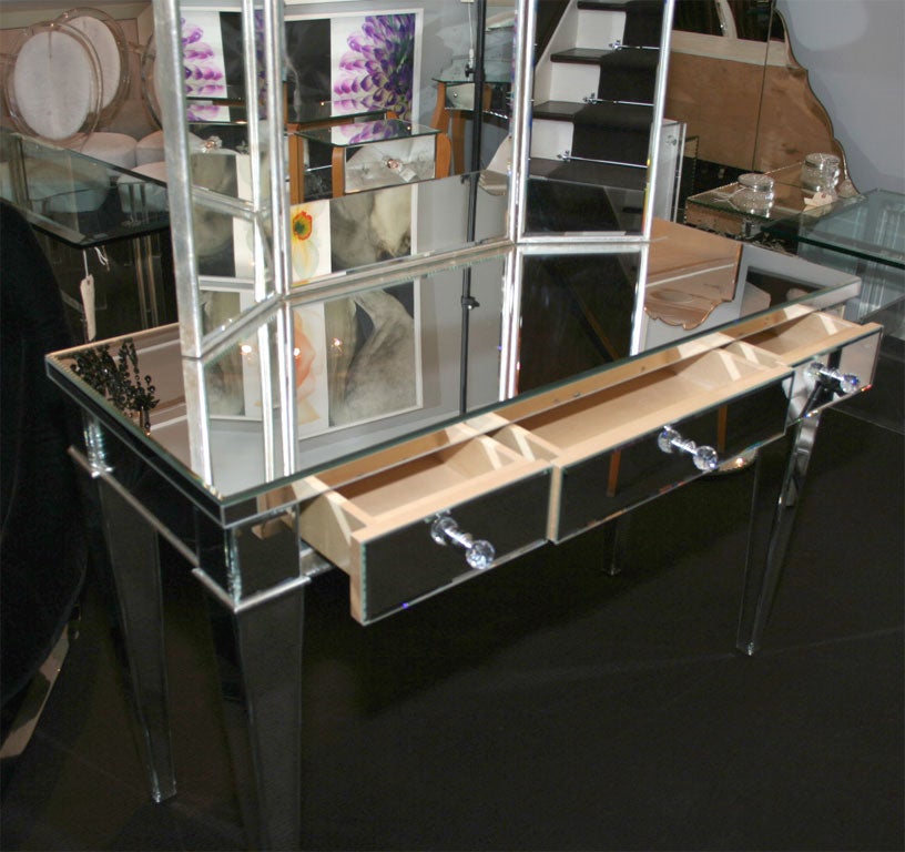 Contemporary Classic Modern Mirrored Vanity Desk with Triptych Mirror For Sale
