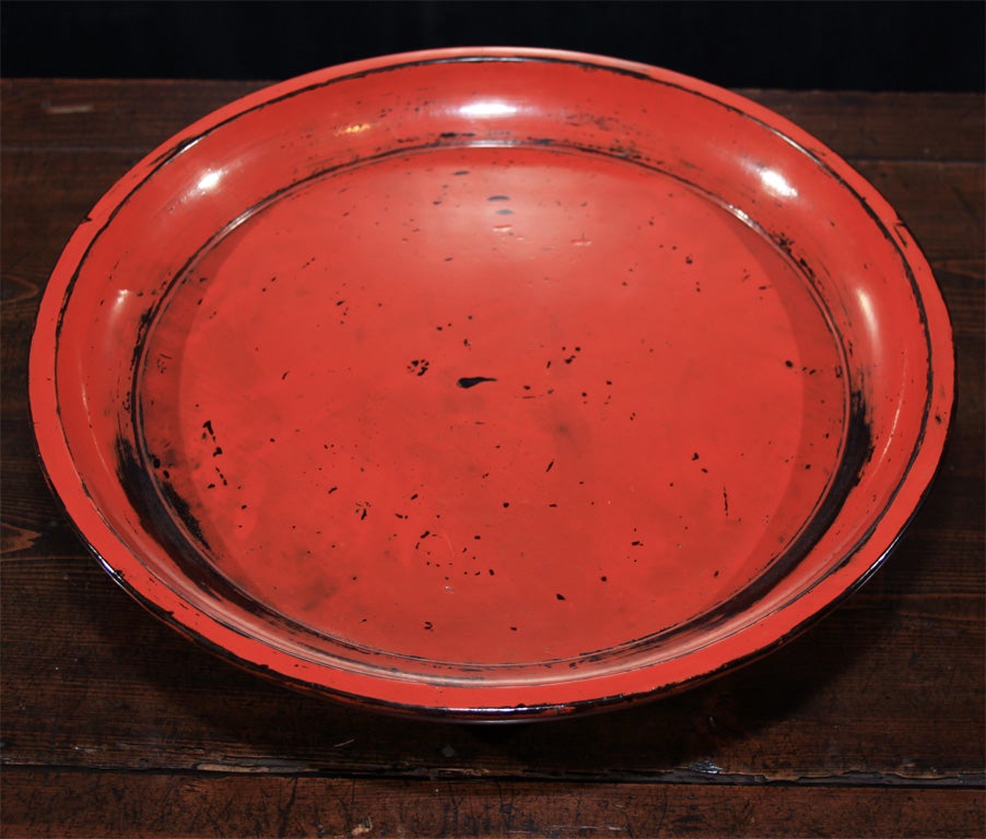 Wood Japanese Negoro Lacquer Shallow Footed Bowl For Sale