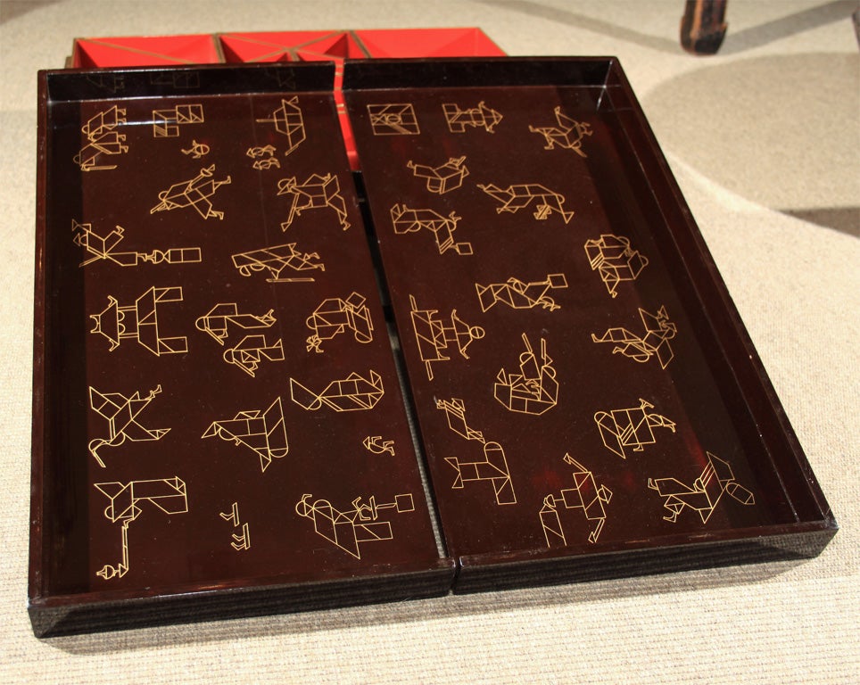 Japanese Tangram Lacquer Bento Box Stand For Sale 4