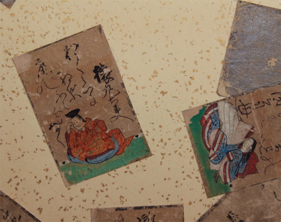 Paper Japanese Eight Panel Screen with Falling Cards For Sale