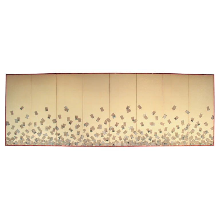 Japanese Eight Panel Screen with Falling Cards For Sale