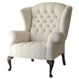 EARLY 19THC NEW ENGLAND WING CHAIR UPHOLSTERED IN 19THC LINEN