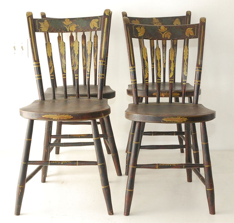 19THC ORIGINAL BLACK PAINTED PLANKS BOTTOM AND ARROW BACK CHAIRS IN A WONDERFUL PATINA. SOLD AS A SET FOR 5,500.