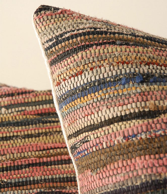 MULTICOLORED RAG RUG PILLOWS GREAT FABRICS. HOMESPUN LINEN  BACKING. SOLD INDIVIDUALLY FOR 395 EACH.