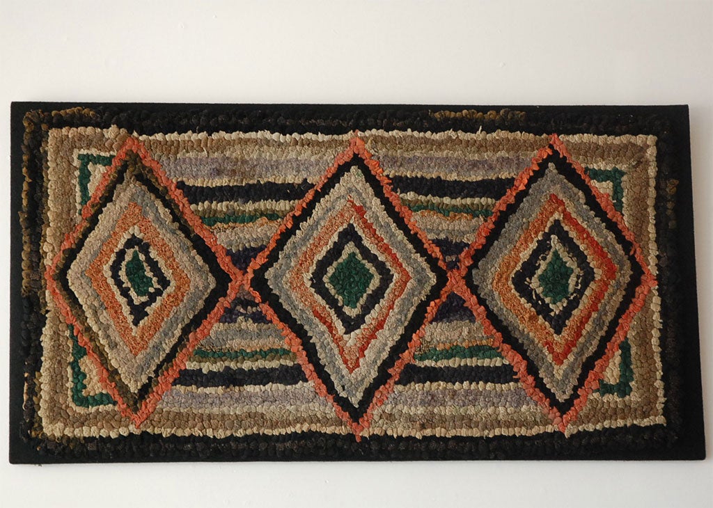 19thc Geometric Hand Hooked Mounted Rug From New England at 1stDibs