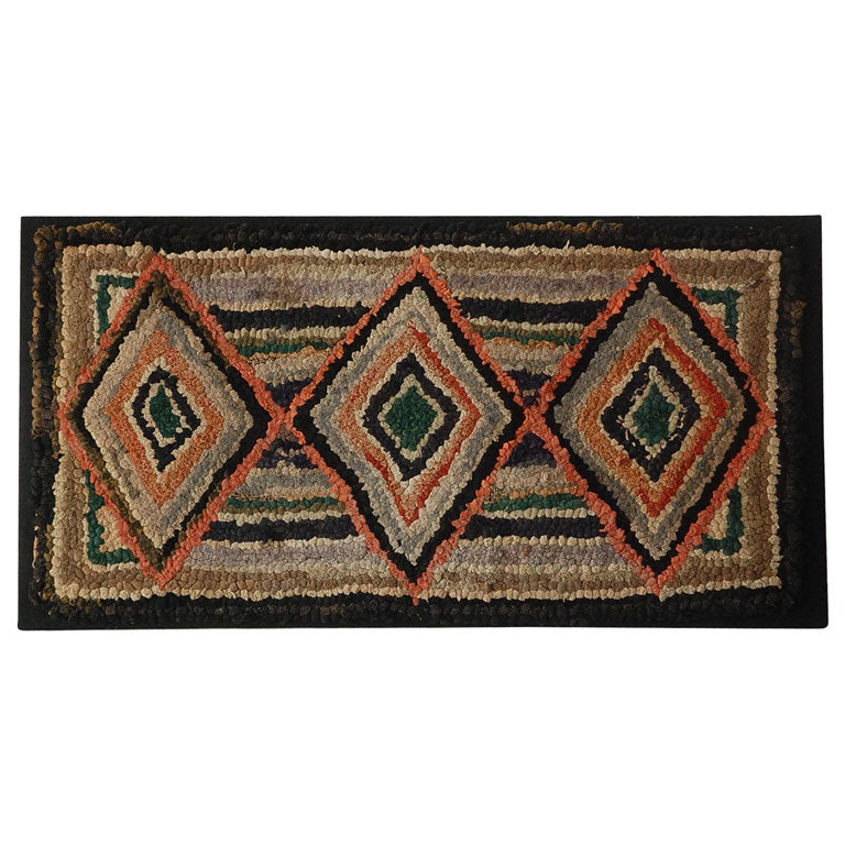 19thc Geometric Hand Hooked Mounted Rug From New England at 1stDibs