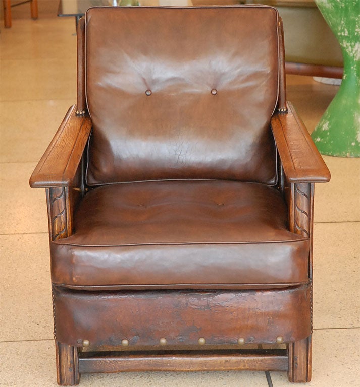 Danish Pair of  Wood & Leather Rustic Chairs