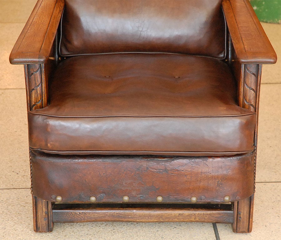 20th Century Pair of  Wood & Leather Rustic Chairs