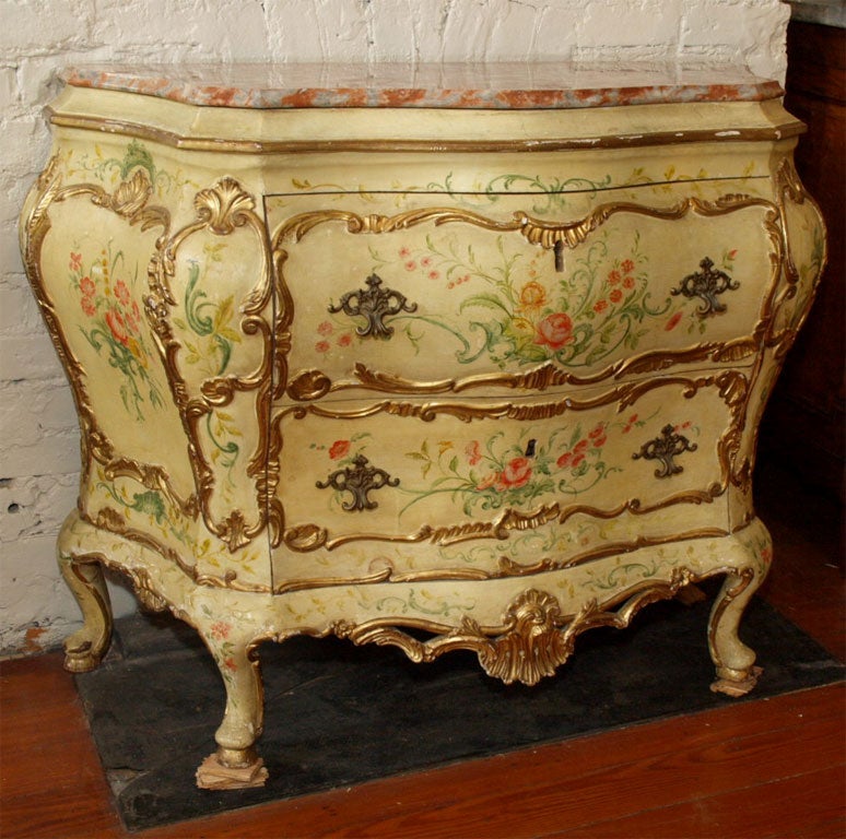 18th c Italian painted marble top commode with bombe form.
