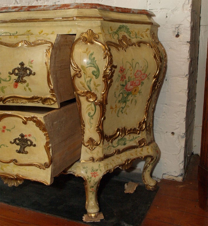 Marble 18th c. Italian Painted Bombe Commode For Sale
