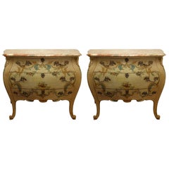 Pair of Bombe Painted Commodes with Mable Tops