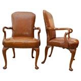 Antique Pair of 19th Century Queen Anne-Style Leather Open Arm Chairs