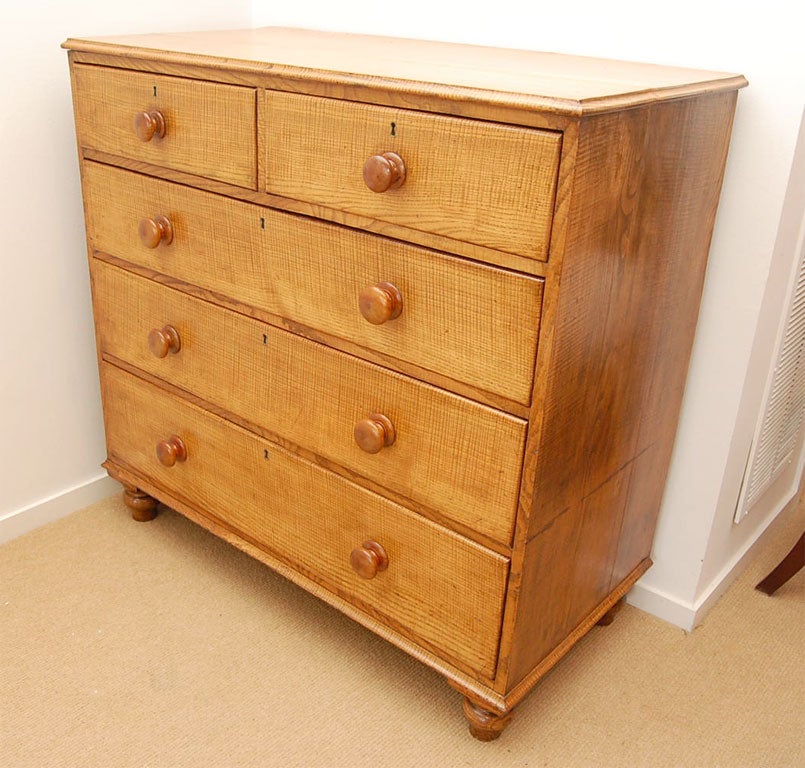 An early 19th Century Fiddleback Ash chest of drawers beautifully grained with two short oak-sided drawers over three long drawers, fruitwood knobs and turned feet.