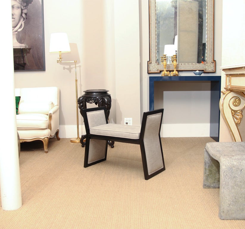 Ebonized 1940s Bench Upholstered in Linen