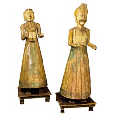 19th Century Pair of Life Sized Asian Carved Figures on Painted Stands