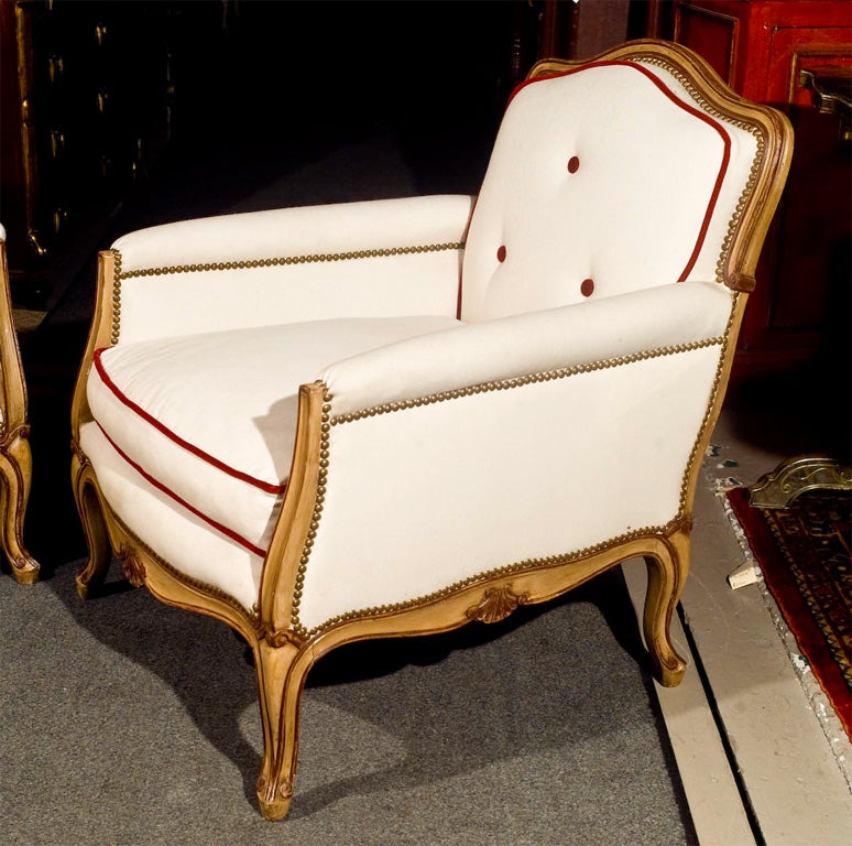 Pair of Jansen Stamped Hollywood Regency Louis XV Style Bergere Lounge Chairs 1
