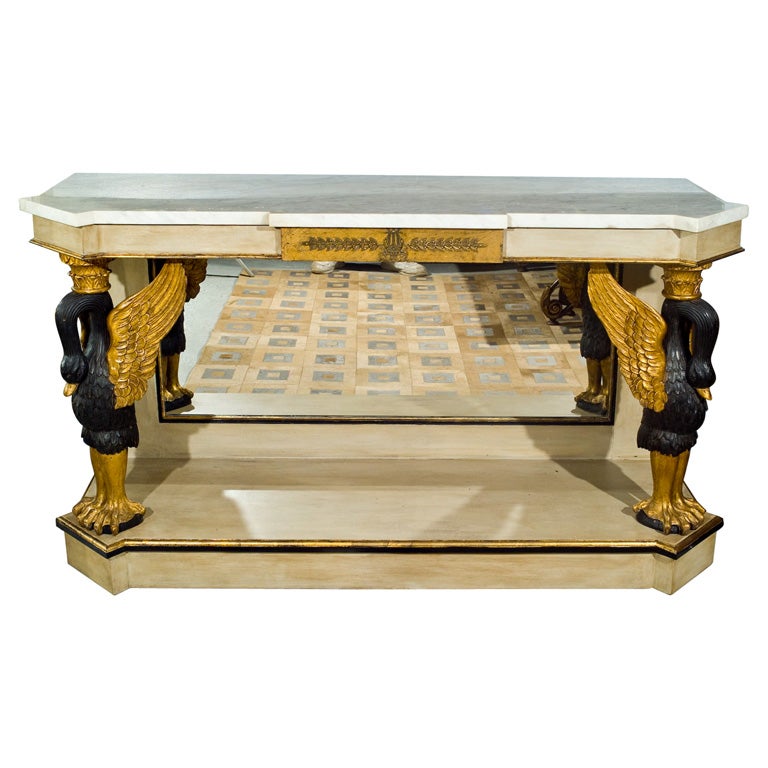 Maison Jansen Attr., Swan Motif Console Table, Giltwood, Marble, France, 1940s For Sale