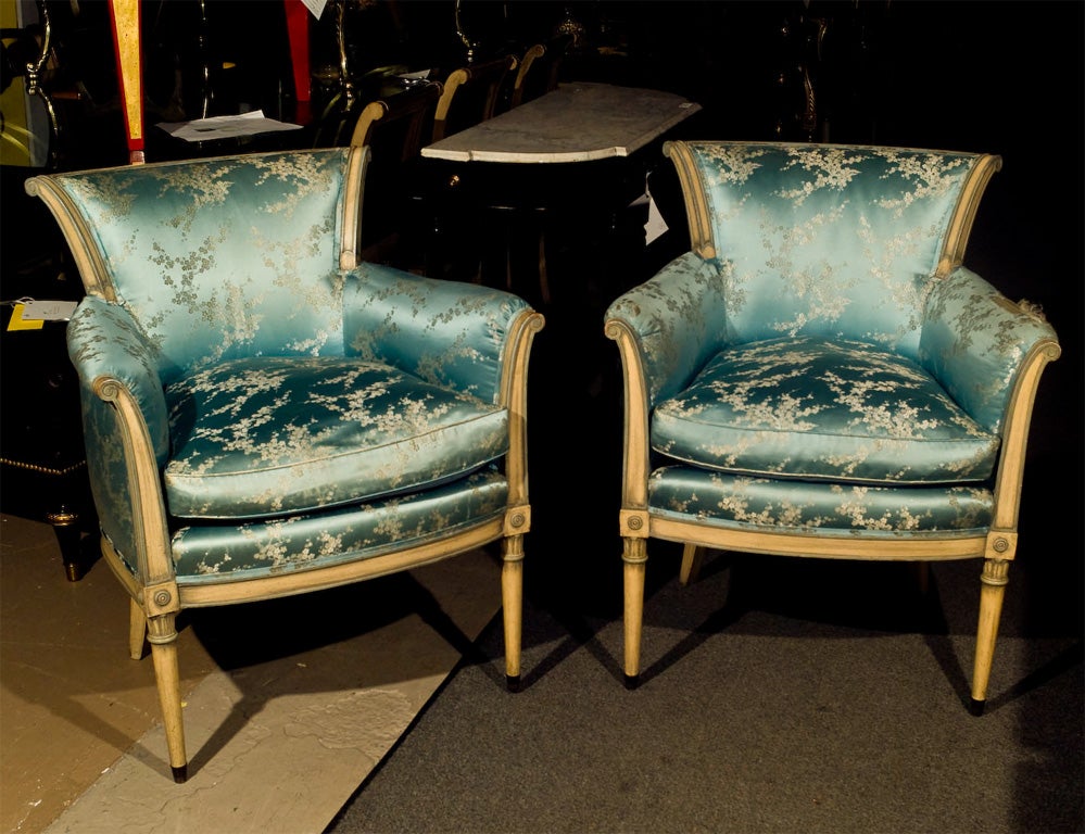 Jansen Stamped Pair of Directorie Style Painted Bergeres