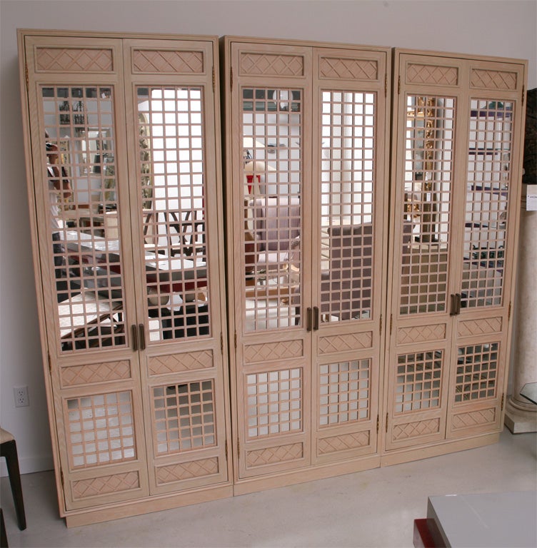 Triple Bleached Oak Cabinet with Mirrored Lattice Motif