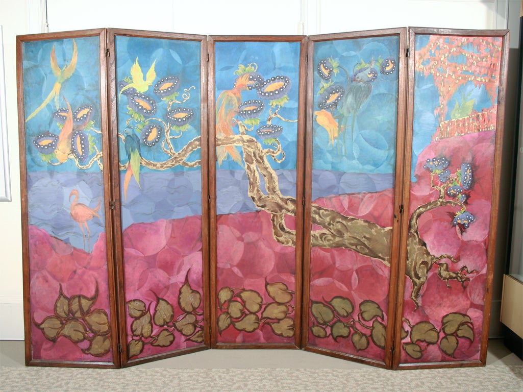 Art Deco Five Panel Floor Screen by Leopold Henderyckx. Oil on canvas in wooden frame. Circa 1935.