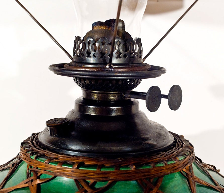Japanese Awaji Kerosene Art Pottery Lantern,  Original Fittings and Shade