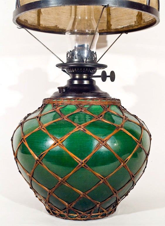 Awaji Kerosene Art Pottery Lantern,  Original Fittings and Shade 1