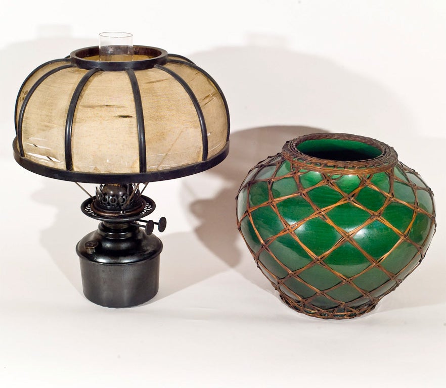 Awaji Kerosene Art Pottery Lantern,  Original Fittings and Shade 2
