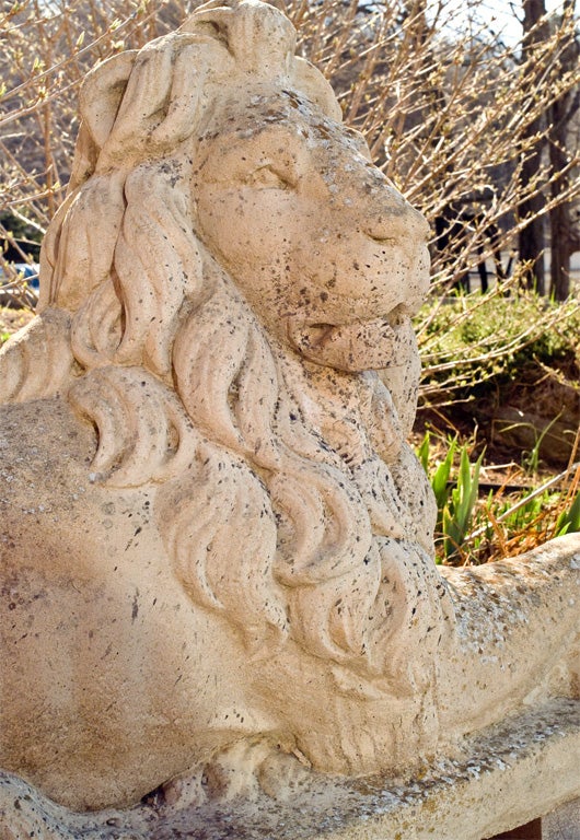 Proper Pair of Large Recumbent Cast Stone Lions