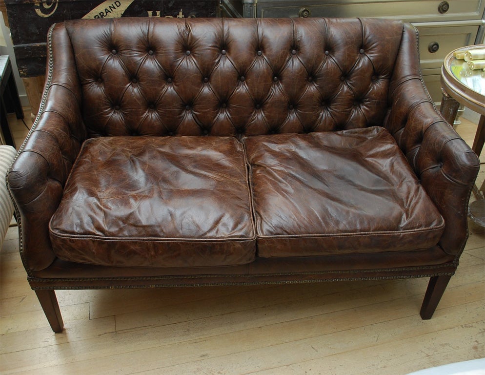 Contemporary Tufted Leather Settee For Sale