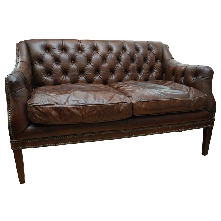 Tufted Leather Settee For Sale