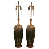 American table lamps with ribbed molded green glass
